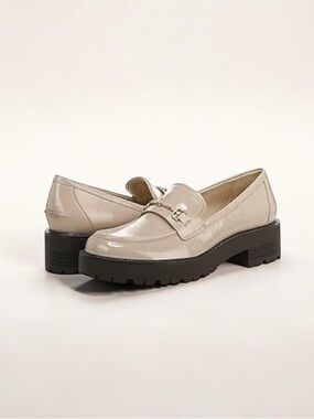 Patent Leather Lug Sole Loafers in Beige